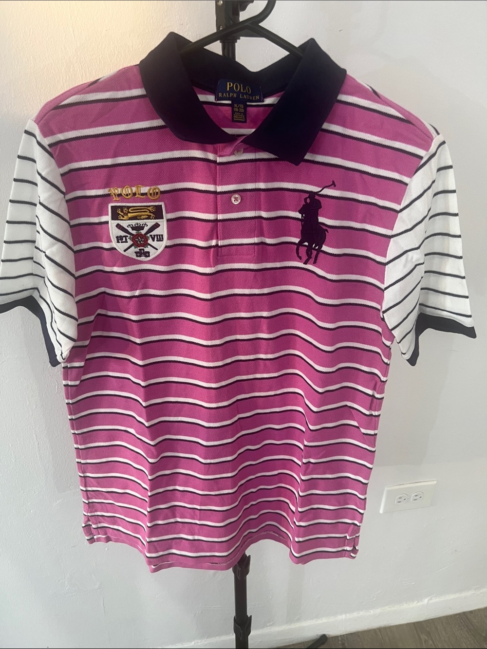 Polo by Ralph Lauren Men's Magenta Striped Polo with Crest